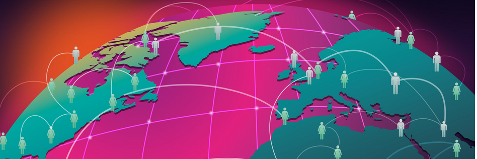 Green continents on a pink globe, with multiple lines connecting people (icons) from different countries.