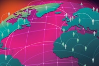 A pink globe with green continents and multiple lines connecting people (icons) in different countries.