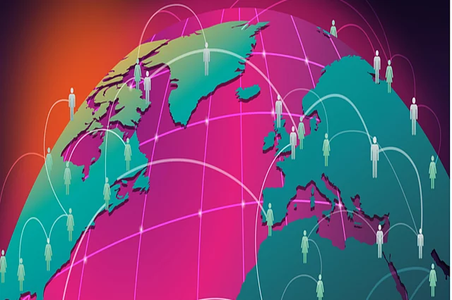 Green continents on a pink globe, with multiple lines connecting people (icons) from different countries.