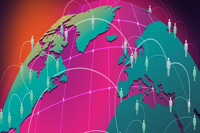 A stylised world map, connecting little figures across the globe