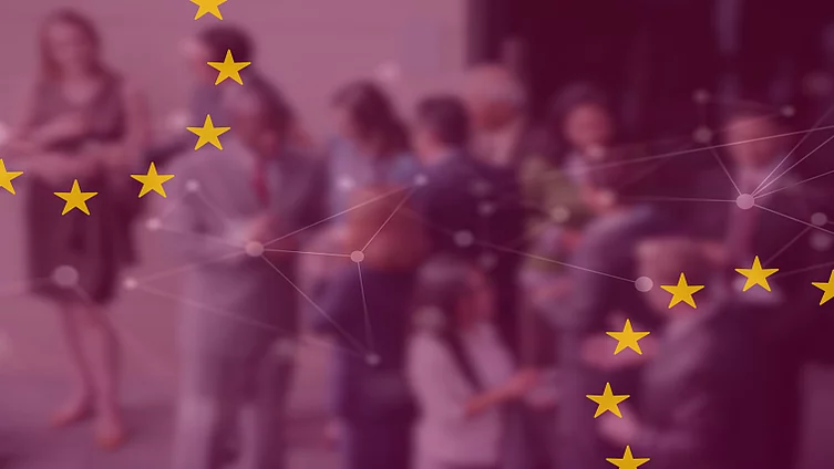 A blurry image of people chatting after work, overlaid with the EU stars.