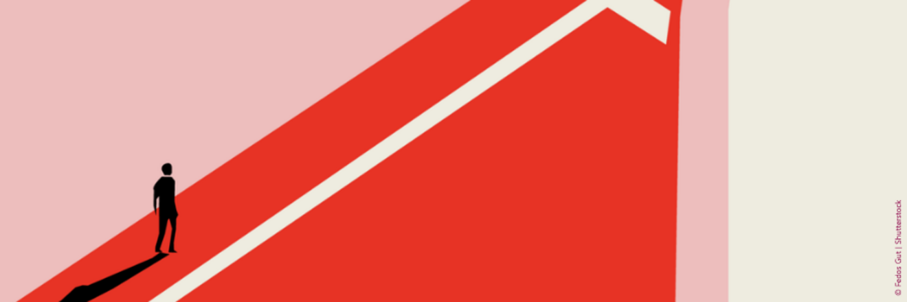 A stylised figure of a man facing a right-directed path.