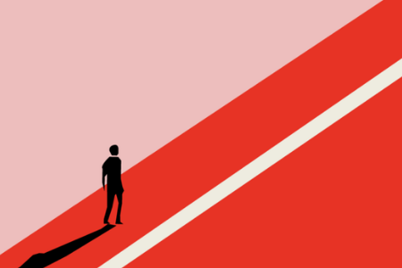 A stylised figure of a man facing a right-directed path.