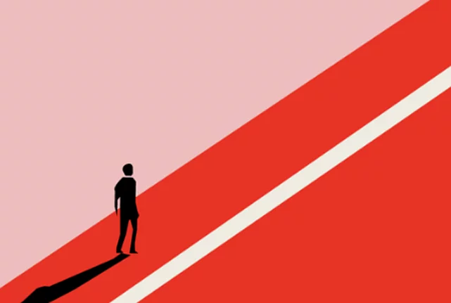 A stylised figure of a man facing a right-directed path.