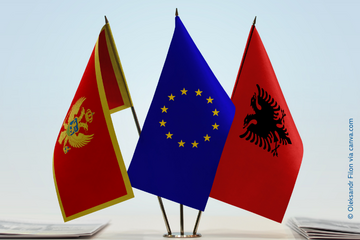 The flags of Montenegro, Albania and the EU