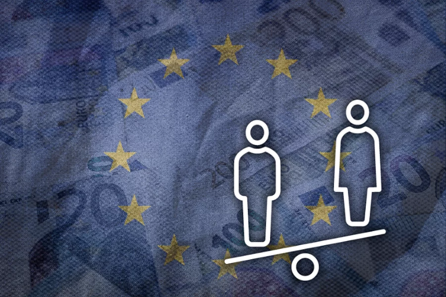 An icon which represents gender inequality is shown against the background of a stylised EU flag made of banknotes.