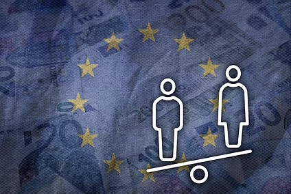 An icon which represents gender inequality is shown against the background of a stylised EU flag made of banknotes.