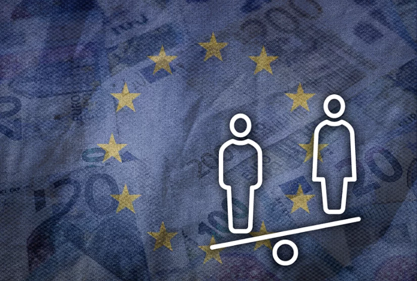 An icon which represents gender inequality is shown against the background of a stylised EU flag made of banknotes.