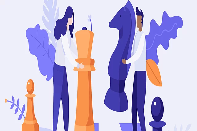 Two abstract figures moving chesspieces on a chessboard.