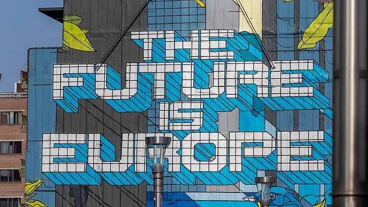 Former mural in Brussels reading "The Future is Europe"