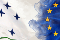 The white Mercosur flag and the blue EU flag merging into one another.