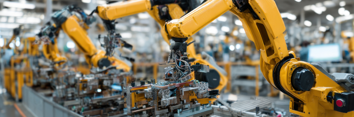Robotic arms at an automated assembly line.