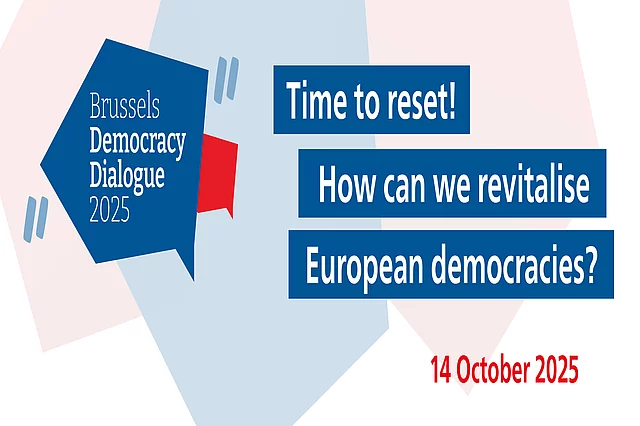 Logo of the Brussels Democracy Dialogue in red/white/blue with the title "Time to reset! How can we revitalise European democracies?"