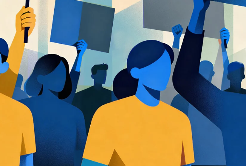 An abstract image of a woman in a yellow shirt at a protest.