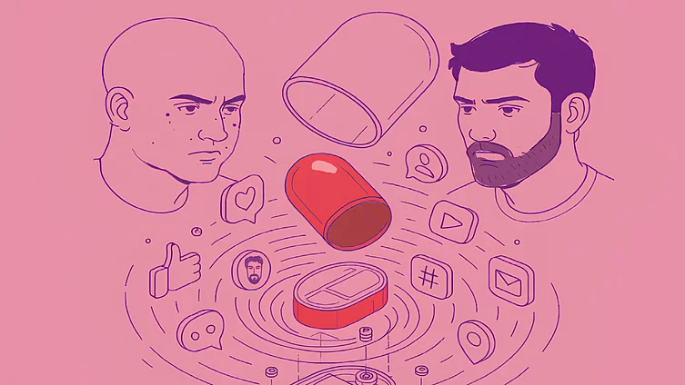 A stylised image of two men surrounded by social media icons.