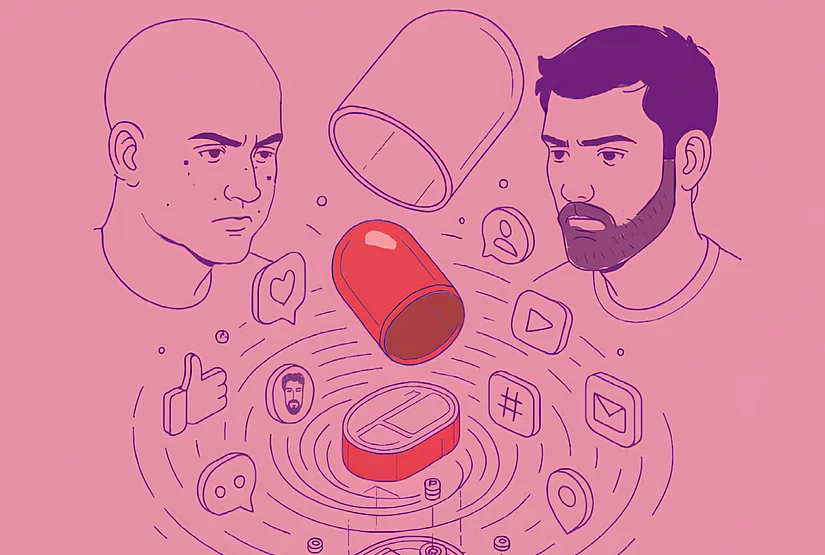 A stylised image of two men surrounded by social media icons.