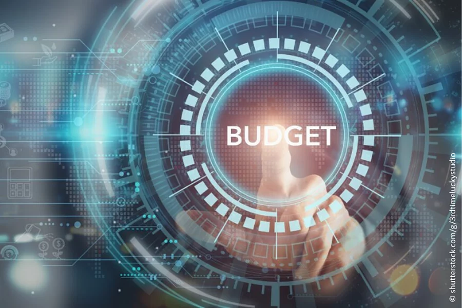 An abstract image showing an index finger pressing "budget" button.