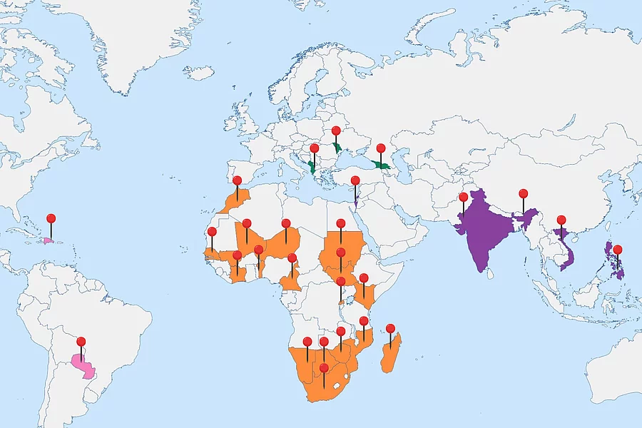 A map of the world showing the locations of the FES EU projects