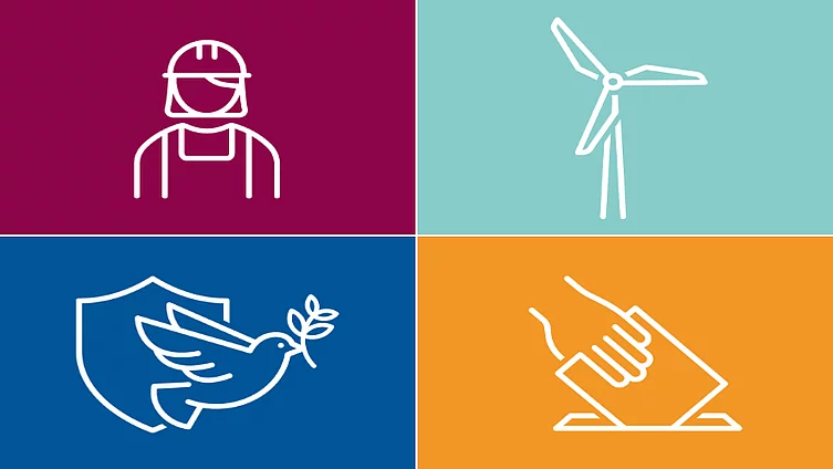 Symbols depicting work, energy, peace and democracy
