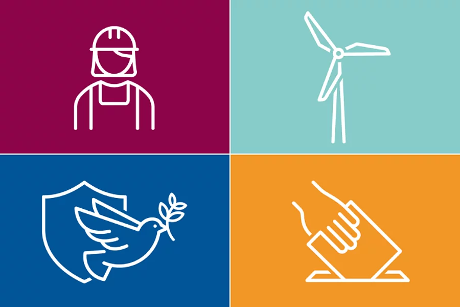 Symbols depicting work, energy, peace and democracy
