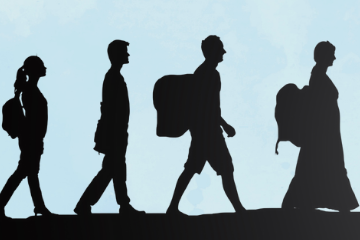 Shadows of a diverse group of people (women, men, children) with backpacks and luggage walking against a blue sky.