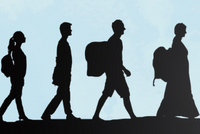 Shadows of a diverse group of people (women, men, children) with backpacks and luggage walking against a blue sky.