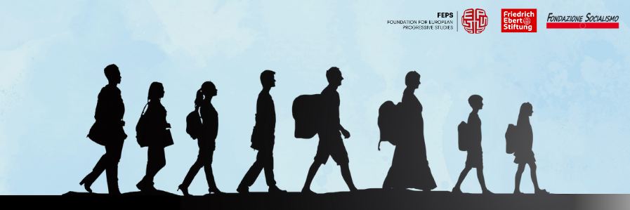 Shadows of a diverse group of people (women, men, children) with backpacks and luggage walking against a blue sky.