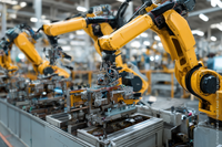 Robot arms on an automated assembly line.