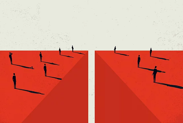 Silhouttes of people on two sides of a divide.