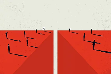 Silhouttes of people on two sides of a divide.