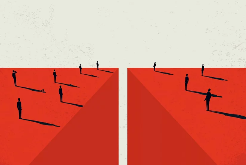 Silhouttes of people on two sides of a divide.
