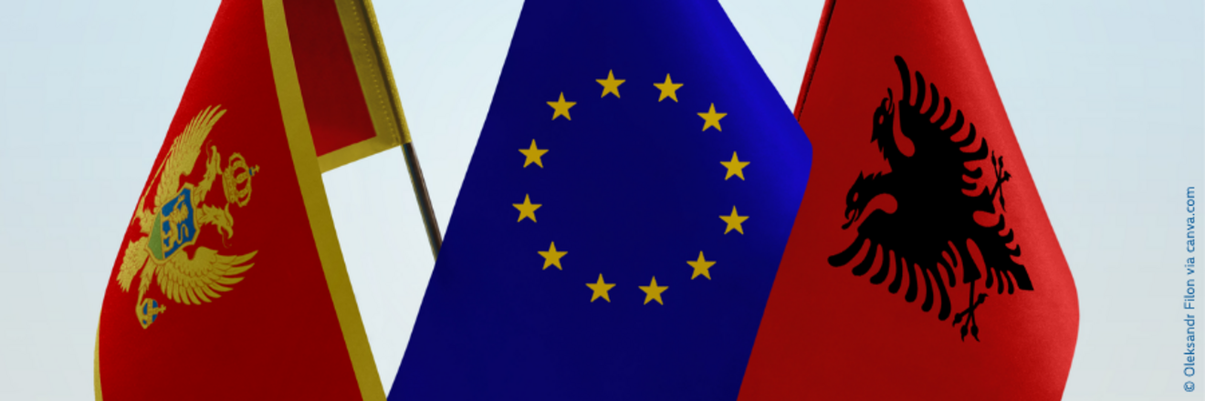 The flags of Montenegro, Albania and the EU