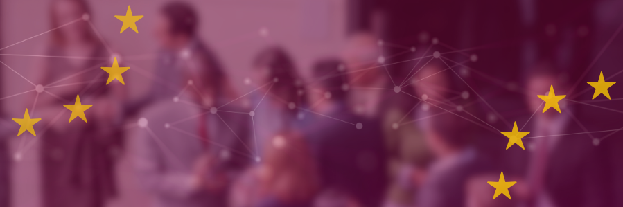 Event visual: A blurry image of networking people on a magenta background, framed by EU stars.
