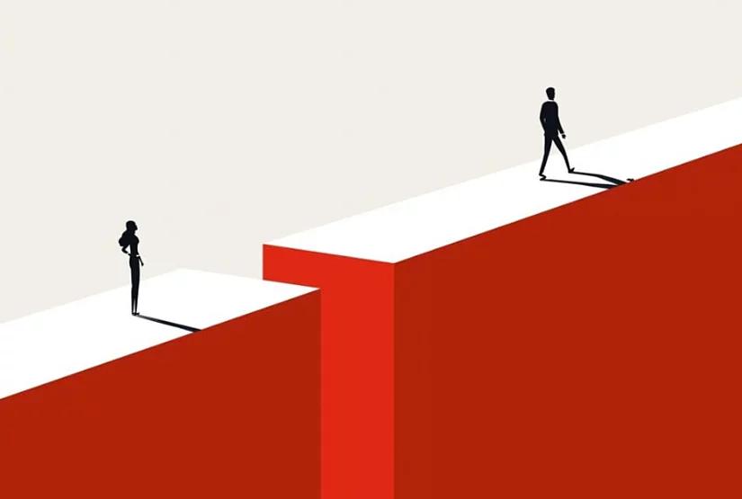 Two figures standing on a wall with a large gap between them.