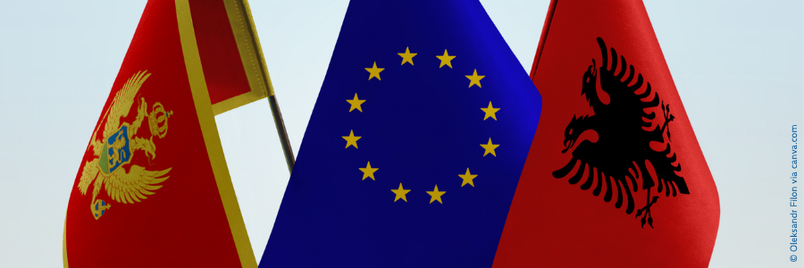 The flags of Montenegro, Albania and the EU